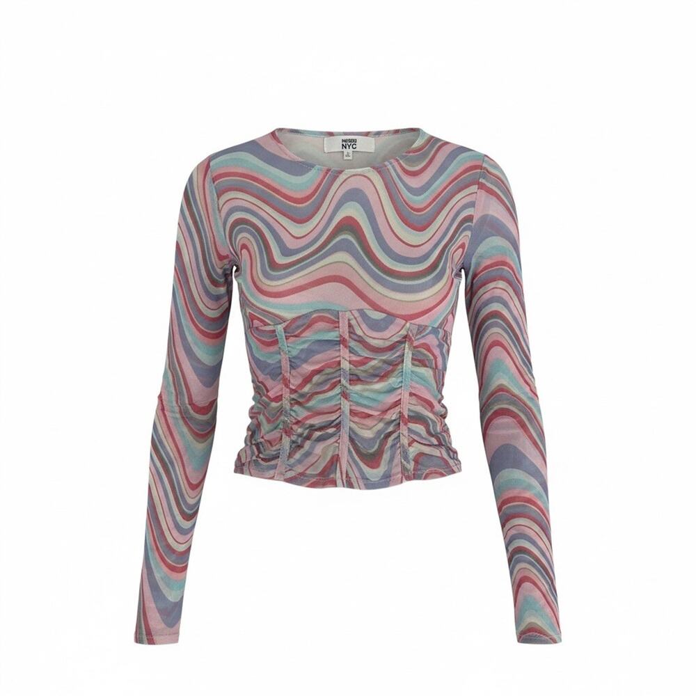 Madden NYC NWT Sheer Corset Ruched Crop Top Long Sleeve Mesh Y2K Festival Size L
